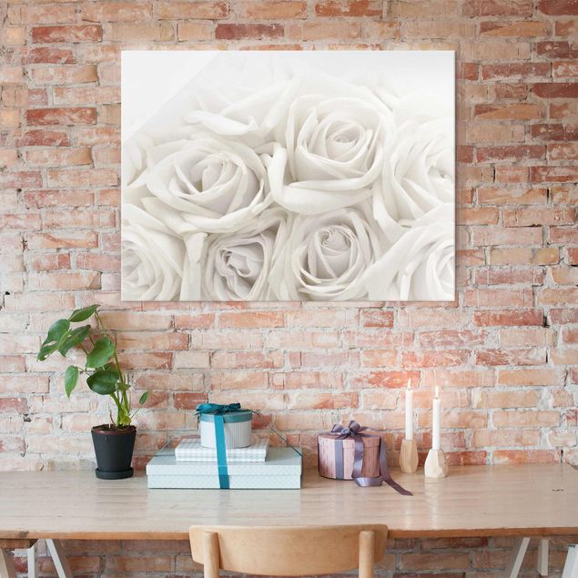 Glasbild weiße Rosen - Wedding Roses - Blumenbild Glas Quer 4:3