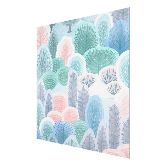 Glasbild - Glücklicher Wald in Pastell - Quadrat