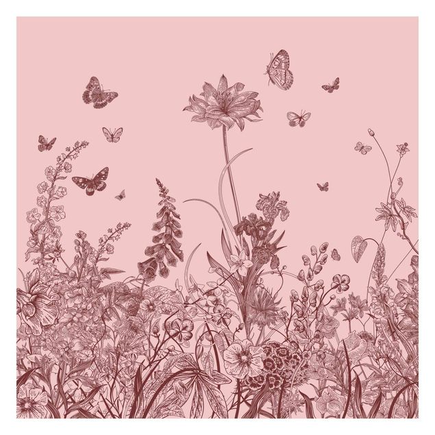 Fototapete - Große Blumen mit Schmetterlingen auf Rosa