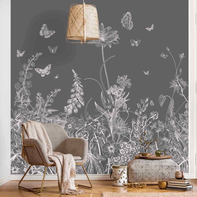 Fototapete - Große Blumen mit Schmetterlingen in Grau
