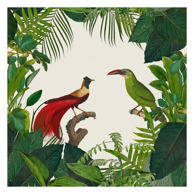 Fototapete - Grünes Paradis mit tropischen Vögeln - Quadrat