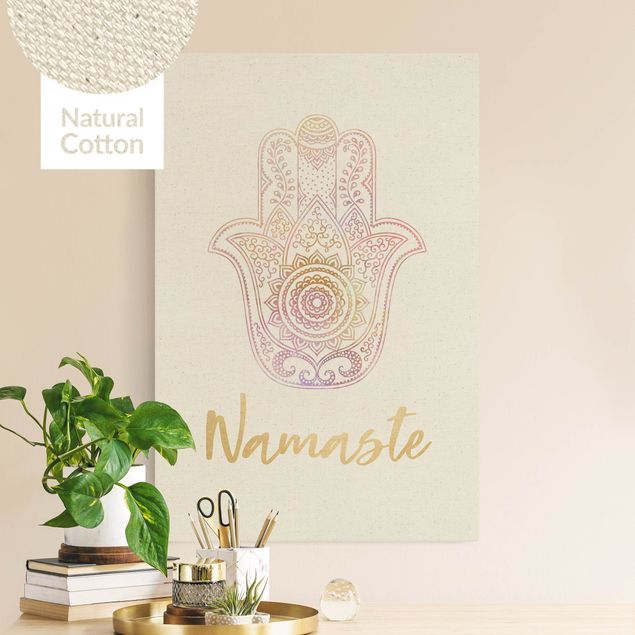 Leinwandbild Natur - Hamsa Hand Illustration Namaste gold rosa - Hochformat 2:3