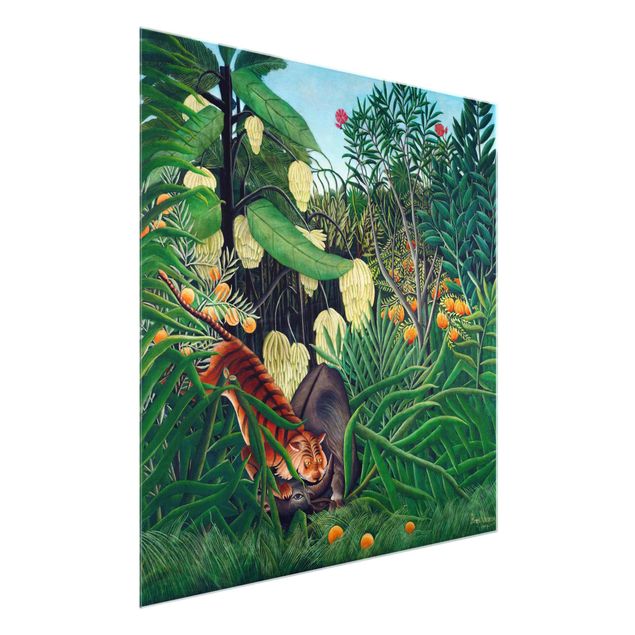 Glasbild - Henri Rousseau - Kampf zwischen Tiger und Büffel - Quadrat