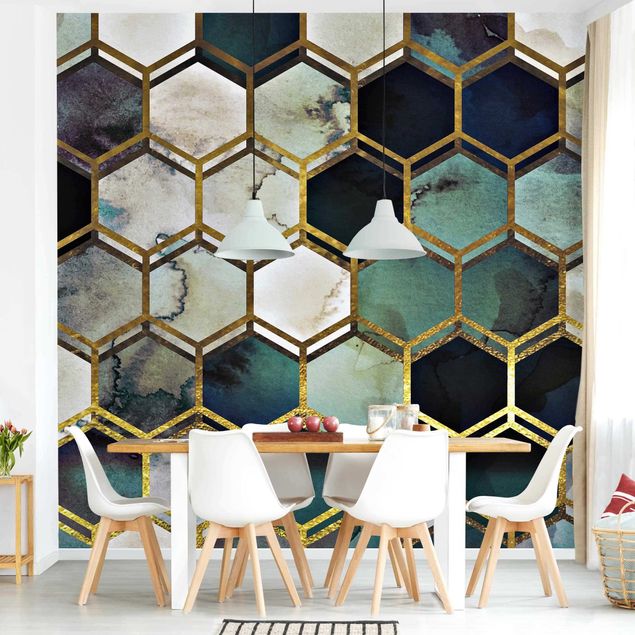 Fototapete - Hexagonträume Aquarell mit Gold