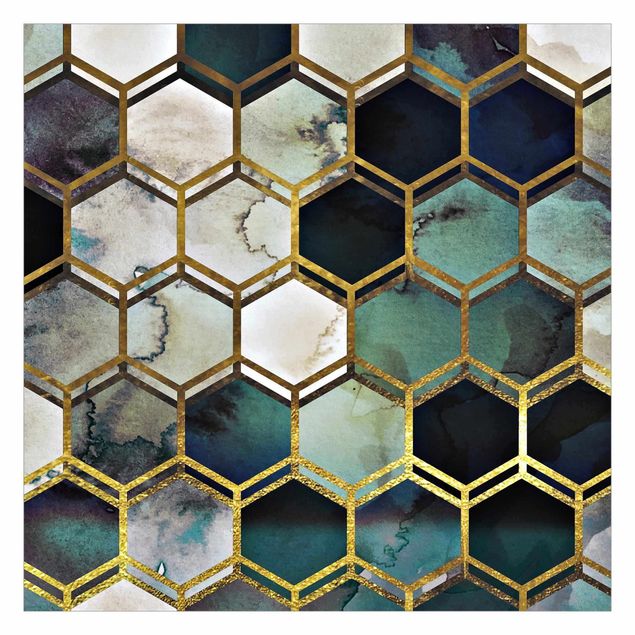 Fototapete - Hexagonträume Aquarell mit Gold
