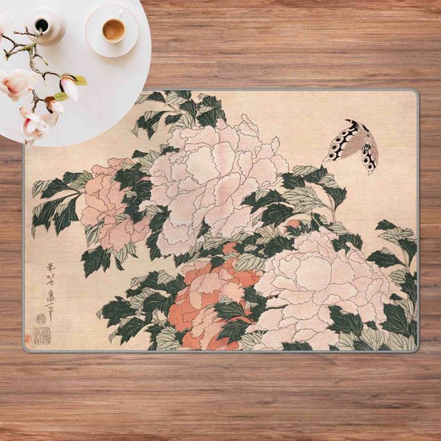 Teppich Natur Katsushika Hokusai - Rosa Pfingstrosen mit Schmetterling
