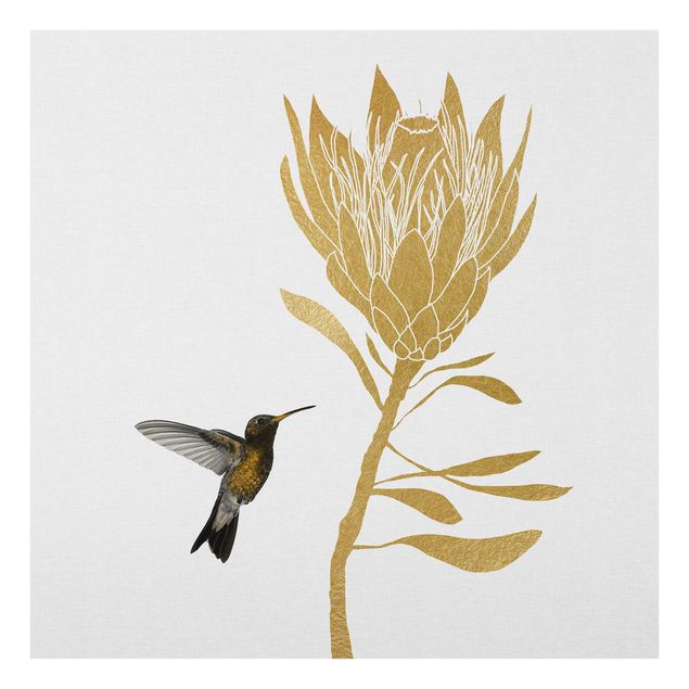 Glasbild - Kolibri und tropische goldene Blüte - Quadrat