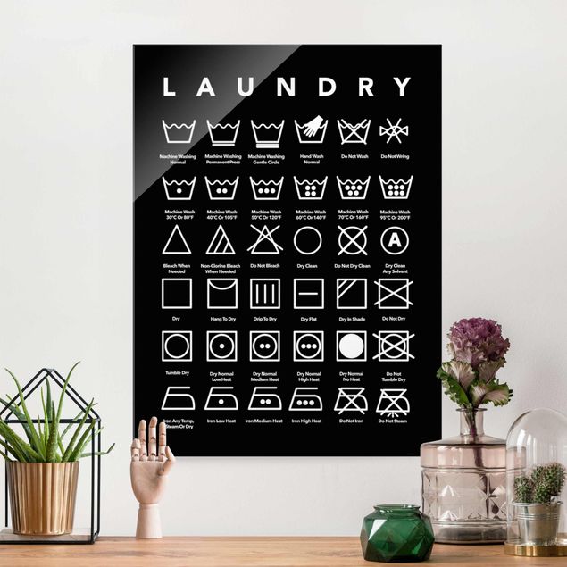 Glas Magnetboard Laundry Symbole Schwarz-Weiß