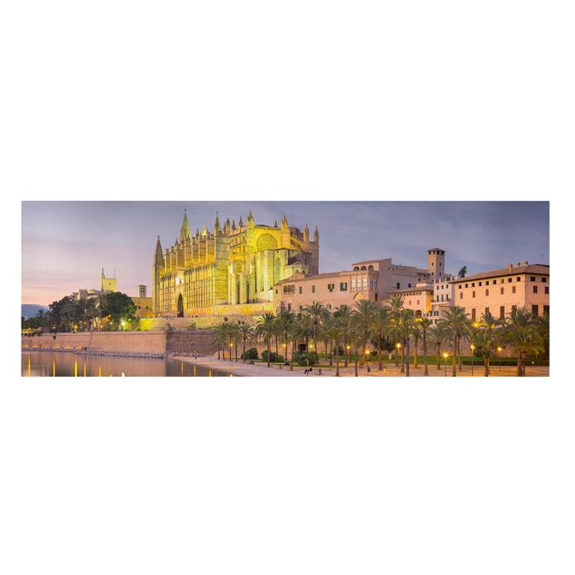 Leinwandbild - Catedral de Mallorca Wasserspiegelung - Panorama Quer
