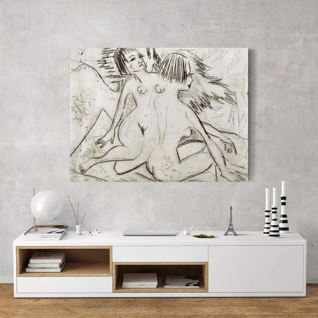 Leinwandbild Schwarz-Weiß - Ernst Ludwig Kirchner - Zwei Mädchenakte unter Tannen - Quer 4:3