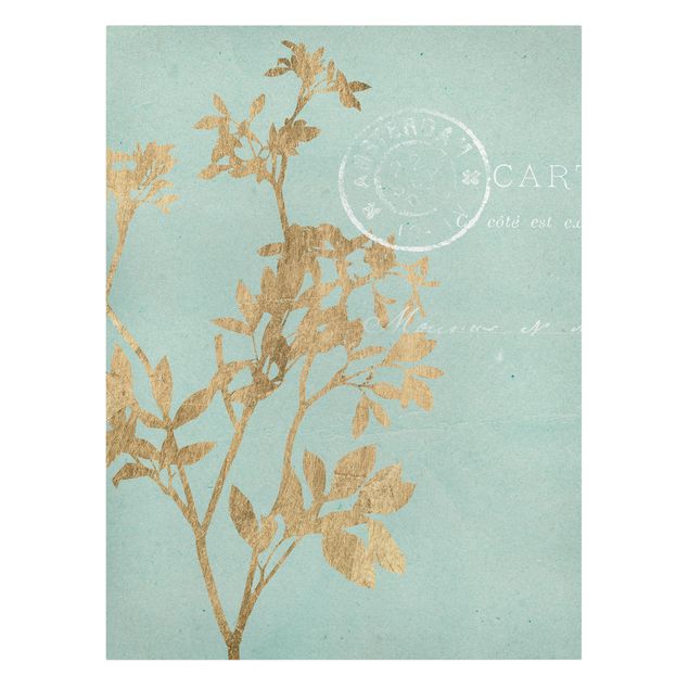 Leinwandbild - Goldene Blätter auf Turquoise I - Hochformat 4:3