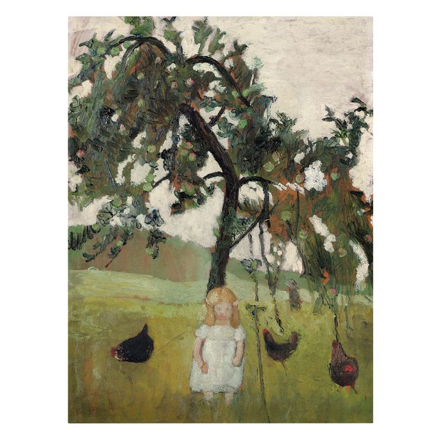 Leinwandbild - Paula Modersohn-Becker - Elsbeth mit Hühnern unter Apfelbaum - Hoch 3:4