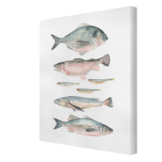 Leinwandbild - Sieben Fische in Aquarell II - Hochformat 4:3