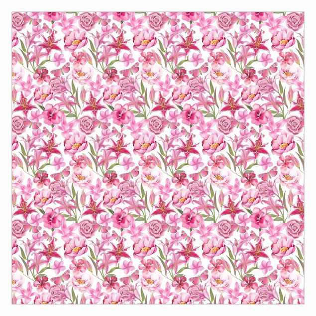 Fototapete - Pinke Blumen mit Schmetterlingen