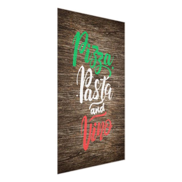 Glasbild - Pizza Pasta and Vino auf Planke - Hochformat