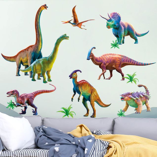 Tier Wandtattoo Regenbogen Dinosaurier Set