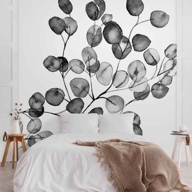 Fototapete - Schwarz Weiß Aquarell Eukalyptuszweig - Quadrat