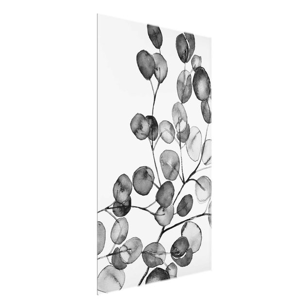 Glasbild - Schwarz Weiß Aquarell Eukalyptuszweig - Hochformat