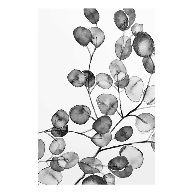 Glasbild - Schwarz Weiß Aquarell Eukalyptuszweig - Hochformat