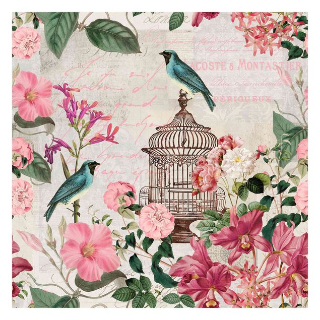 Fototapete - Shabby Chic Collage - Rosa Blüten und blaue Vögel