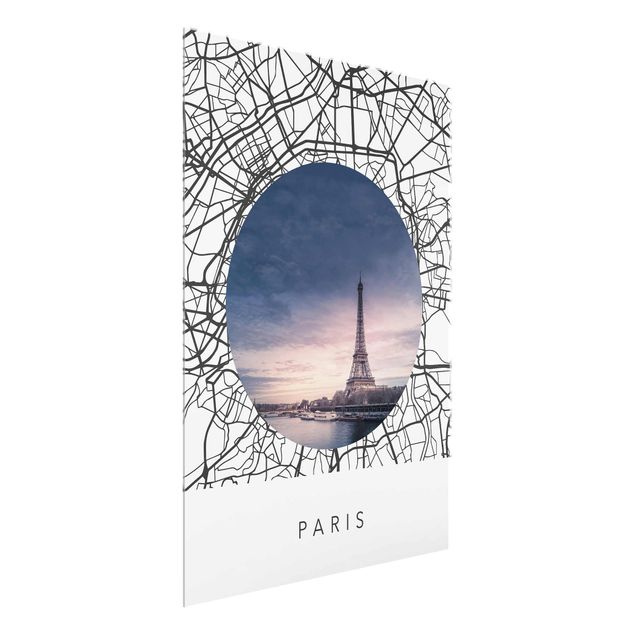 Glasbild - Stadtplan Collage Paris - Hochformat