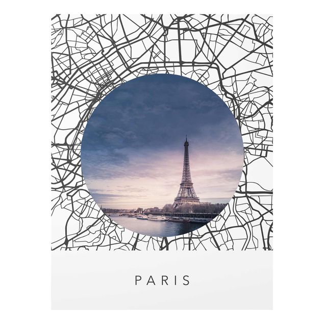 Glasbild - Stadtplan Collage Paris - Hochformat