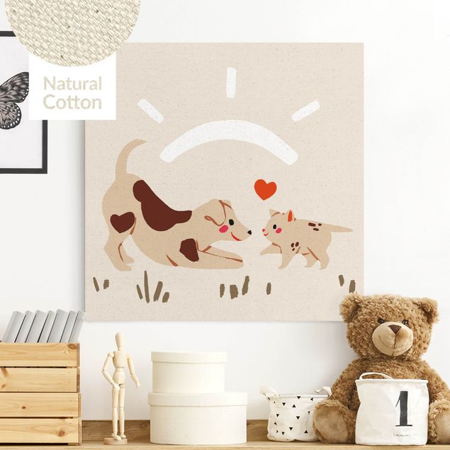 Leinwandbild Natur - Süße Tierillustration - Hund und Katze - Quadrat 1:1