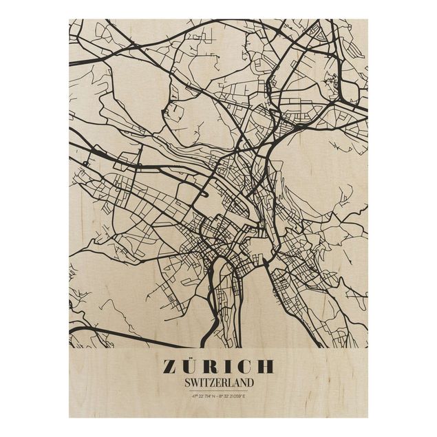 Holzbild -Stadtplan Zürich - Klassik- Hochformat 3:4