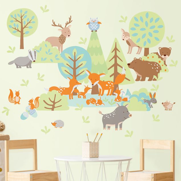 Tier Wandtattoo Tierfamilien Mega-Set mit Füchsen und Bäumen