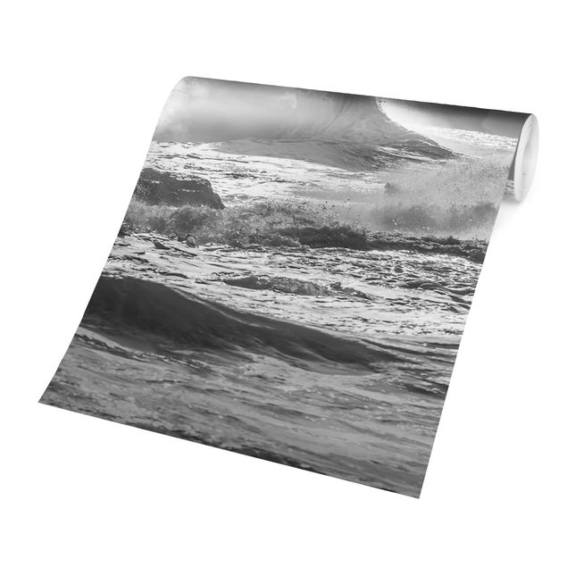 Fototapete - Tosende Wellen Schwarz-Weiß - Querformat