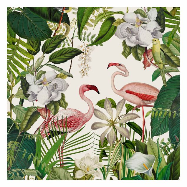 Fototapete - Tropische Flamingos mit Pflanzen - Quadrat