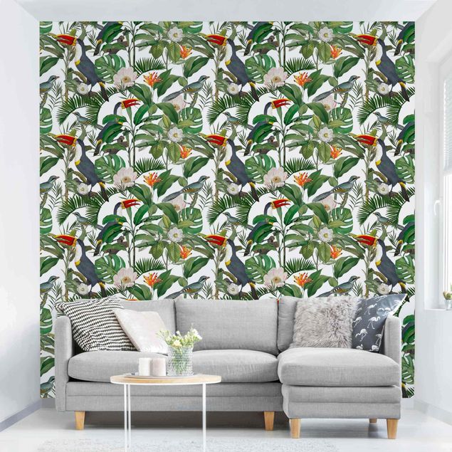 Fototapete - Tropischer Tukan mit Monstera und Palmenblättern