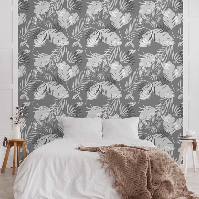 Fototapete - Tropisches Silhouetten Muster in Grau