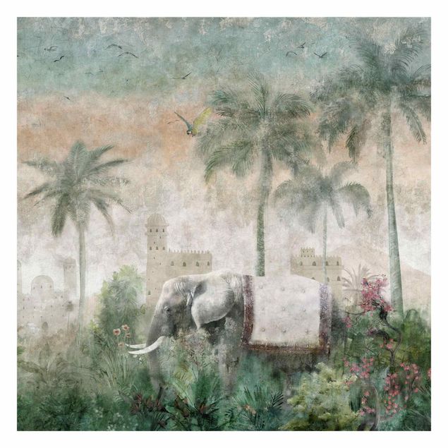 Fototapete - Vintage Dschungel Szene mit Elefant