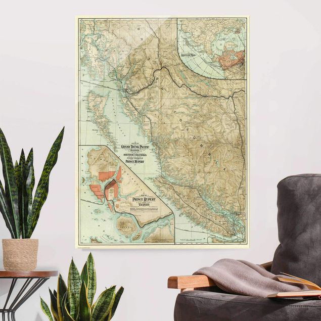 Glas Magnettafel Vintage Karte British Columbia