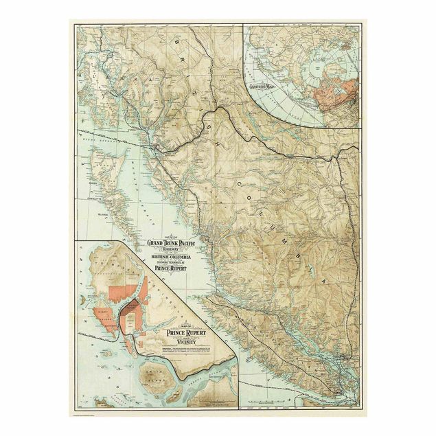 Glasbild - Vintage Karte British Columbia - Hochformat