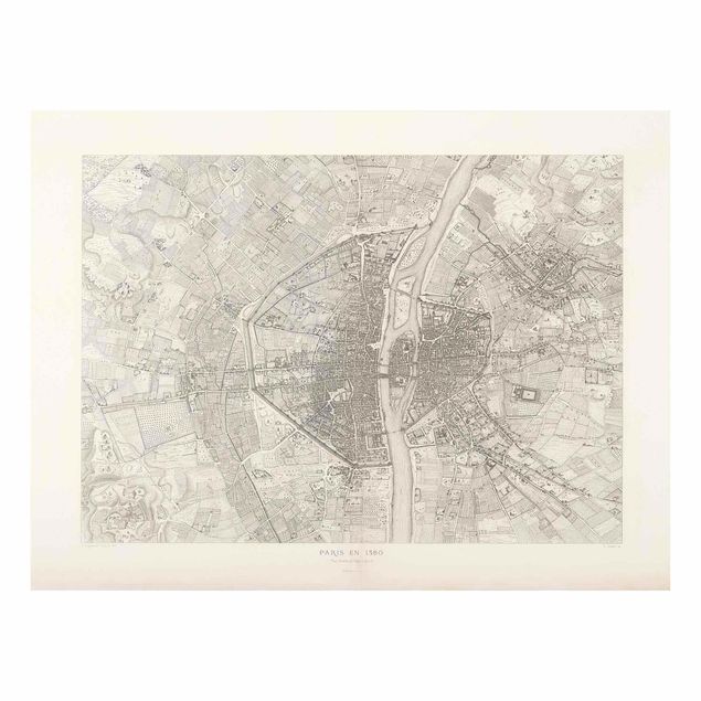 Glasbild - Vintage Karte Paris - Querformat