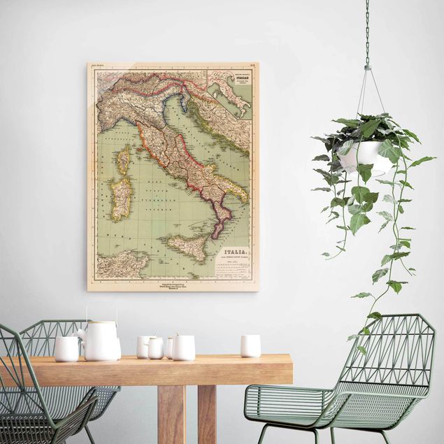 Glasbild - Vintage Landkarte Italien - Hochformat