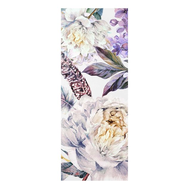 Glasbild - Zartes Aquarell Boho Blüten und Federn Muster - Hochformat