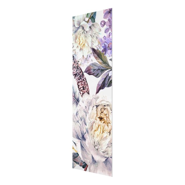 Glasbild - Zartes Aquarell Boho Blüten und Federn Muster - Hochformat