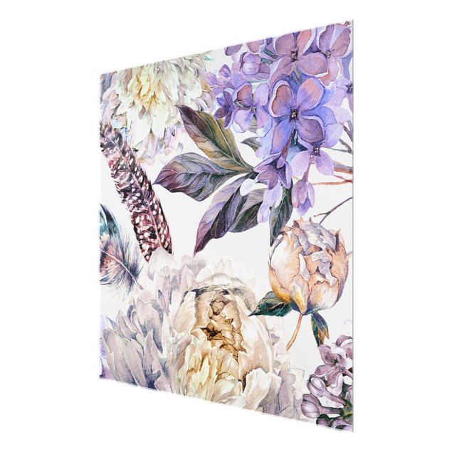 Glasbild - Zartes Aquarell Boho Blüten und Federn Muster - Quadrat