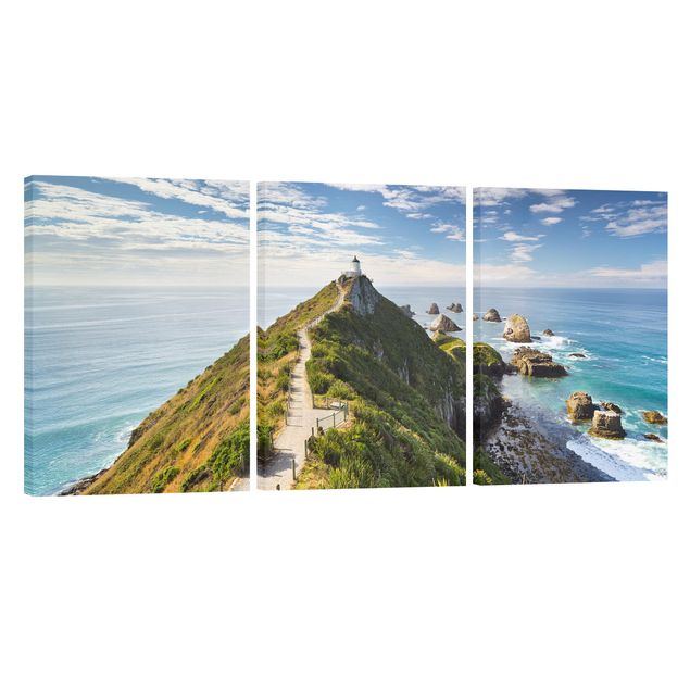 Leinwandbild 3-teilig - Nugget Point Leuchtturm und Meer Neuseeland - Hoch 2:3