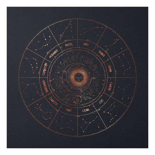 Forex Fine Art Print - Astrologie Die 12 Sternzeichen Blau Gold - Quadrat 1:1