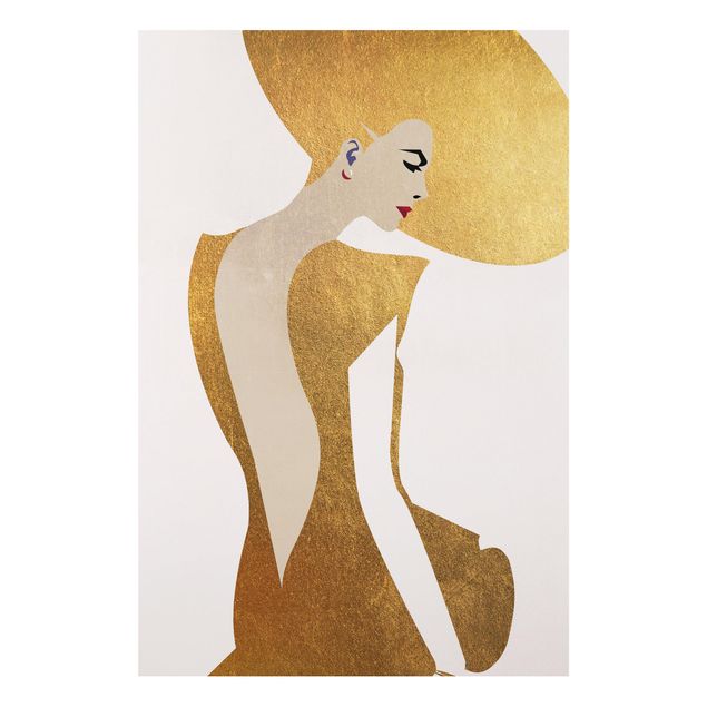 Forex Fine Art Print - Dame mit Hut in Gold - Hochformat 3:2