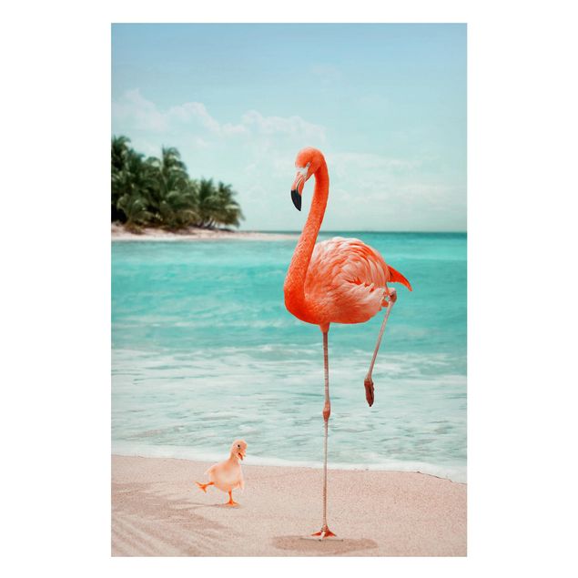 Magnettafel - Jonas Loose - Strand mit Flamingo - Memoboard Hochformat 3:2