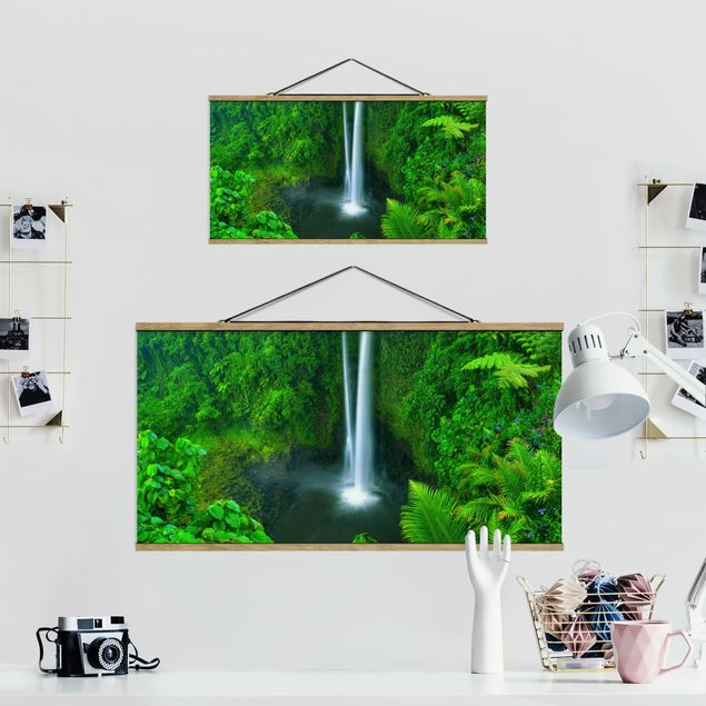 Stoffbild mit Posterleisten - Paradiesischer Wasserfall - Querformat 2:1