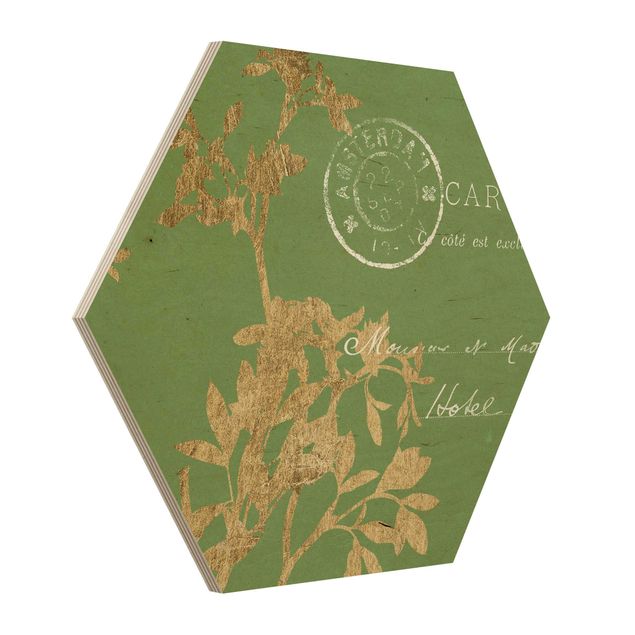 Hexagon Bild Holz - Goldene Blätter auf Lind I