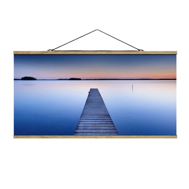Stoffbild mit Posterleisten - Flusssteg bei Sonnenuntergang - Querformat 2:1