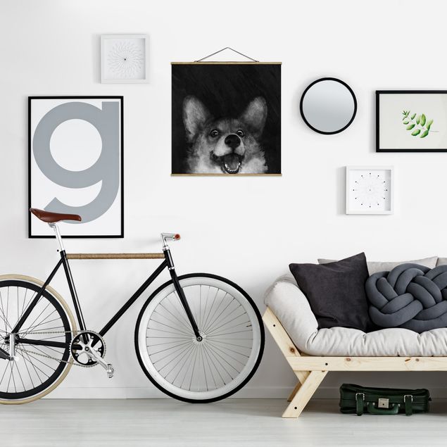 Stoffbild mit Posterleisten - Laura Graves - Illustration Hund Corgi Malerei Schwarz Weiß - Quadrat 1:1