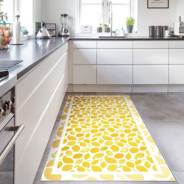 Moderne Teppiche Aquarell Zitronen mit Blättern und Rahmen